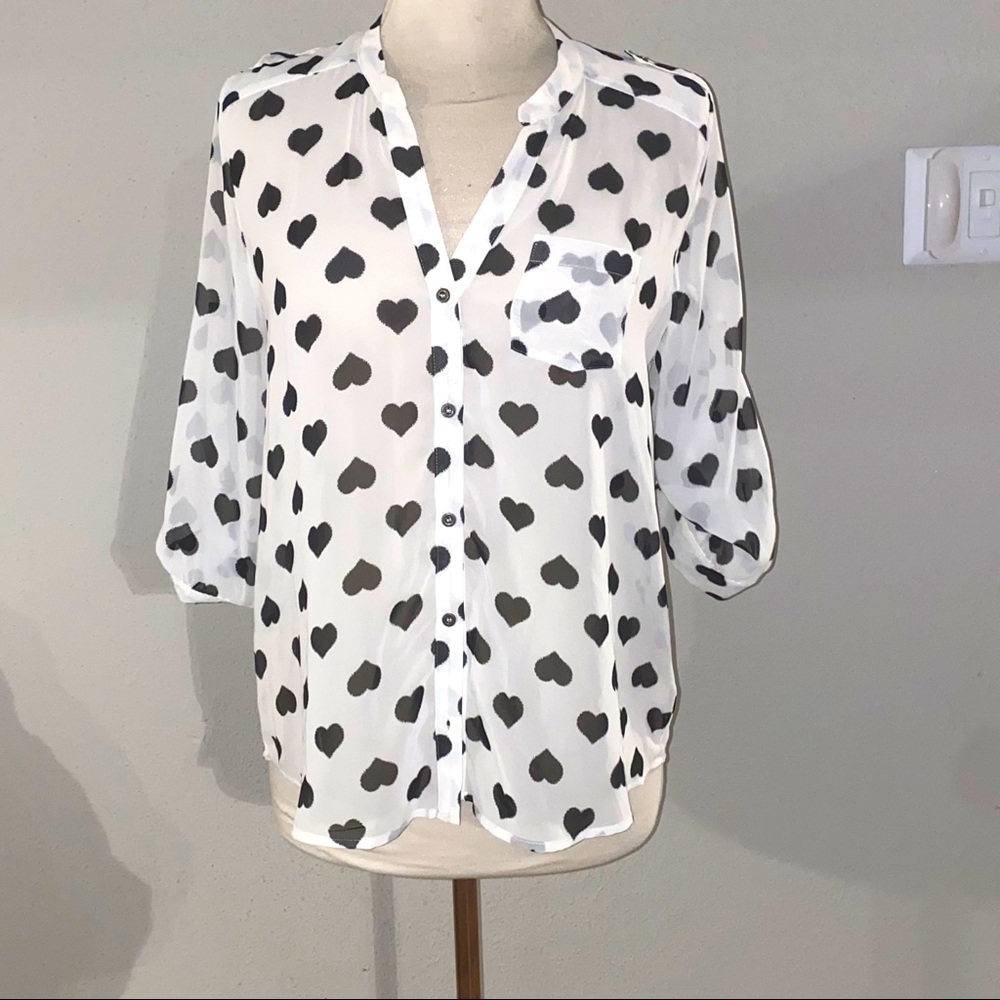 Sheer button down black hearts blouse